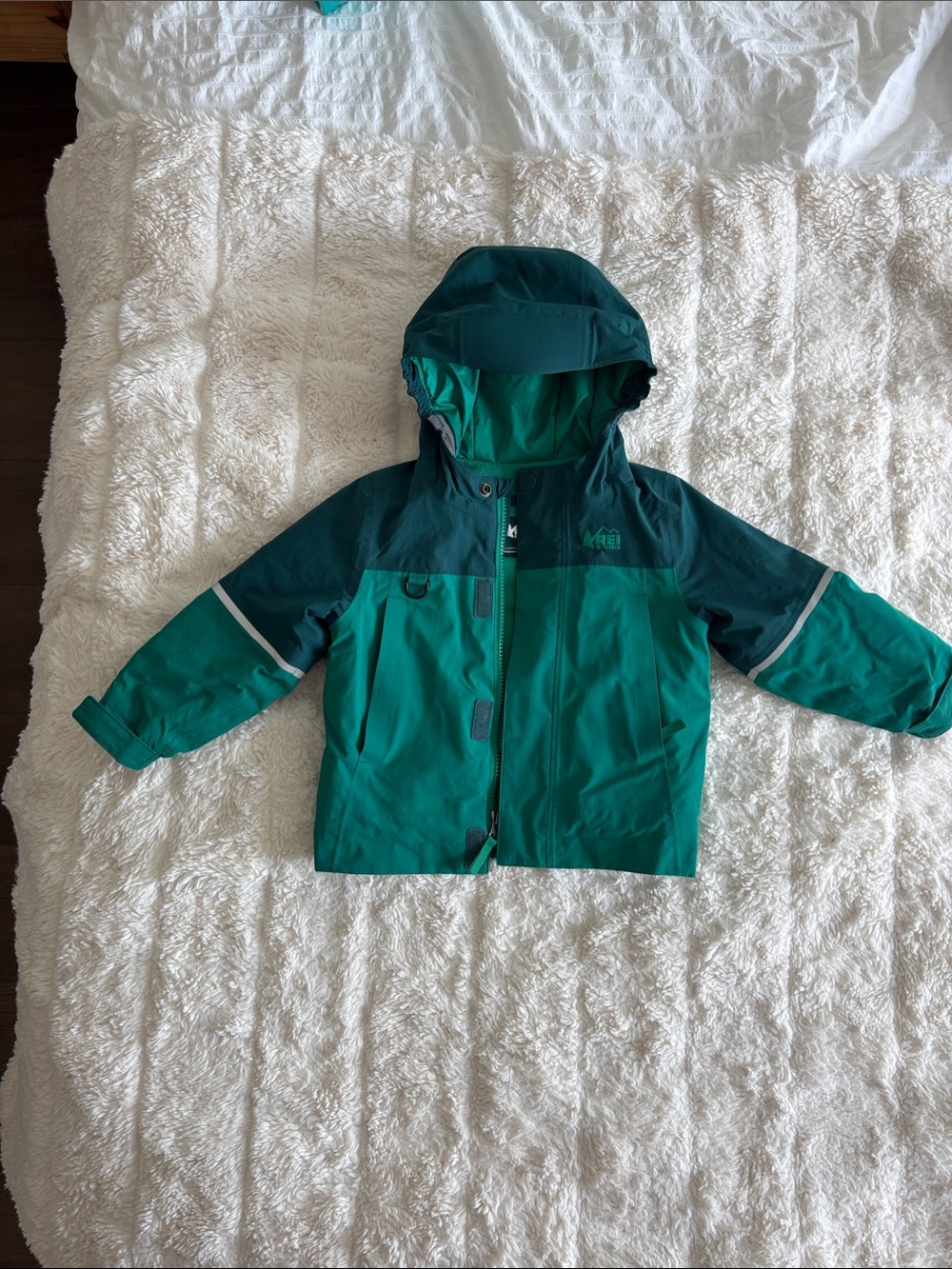 REI Kids Two-Tone Teal and Dark Teal Hooded Waterproof Jacket